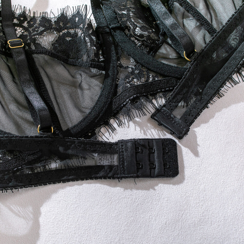 Wholesale Sexy Black Bra Panty Set with Floral Lace Garter. Back Bra Details