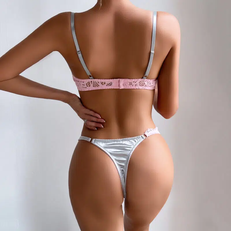 Conjunto de lencería de encaje sexy al por mayor en espectáculo de espalda en contraste gris plateado y rosa