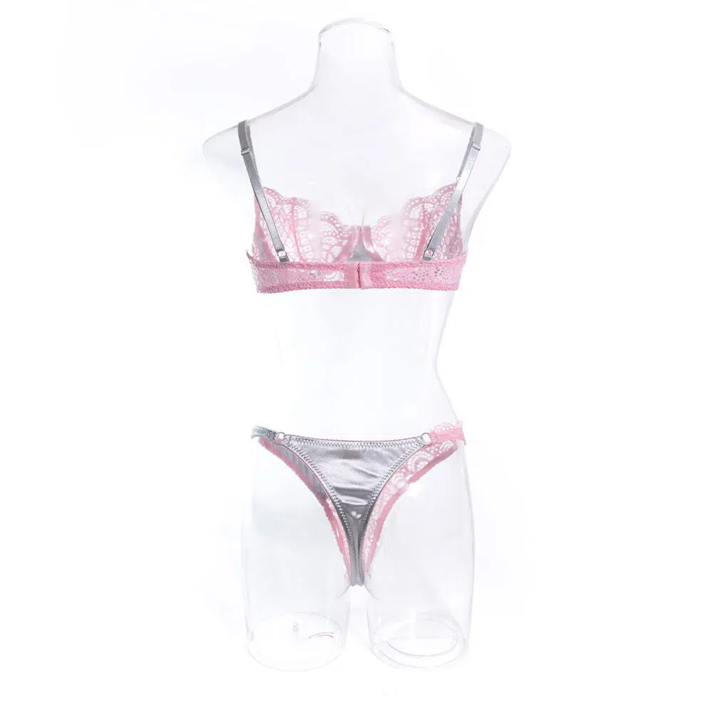 Venta al por mayor Conjunto de lencería de encaje sexy en contraste gris plateado y rosa Vista posterior