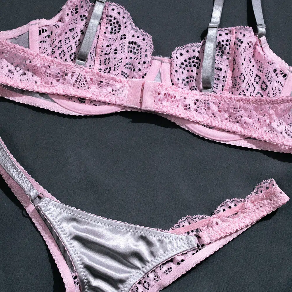 Conjunto de lencería de encaje sexy al por mayor en detalles en contraste gris plateado y rosa Mostrar