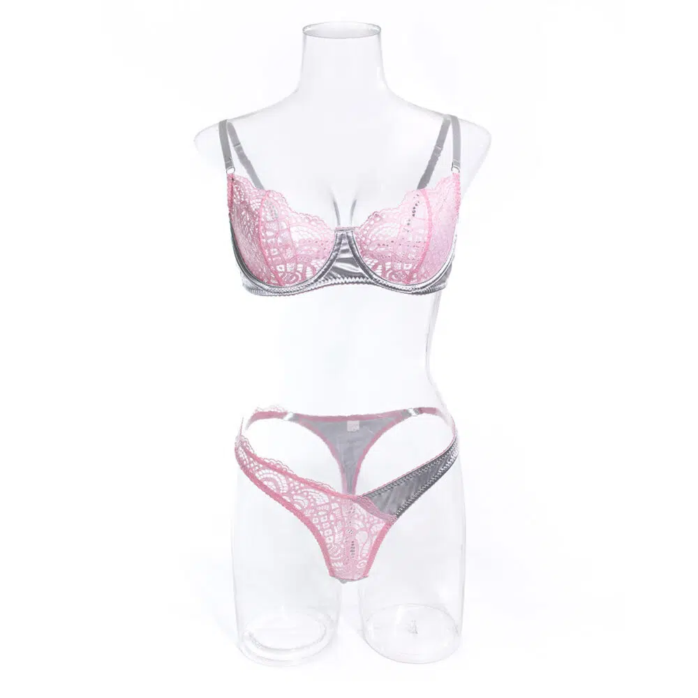 Conjunto de lencería de encaje sexy al por mayor en vista frontal en contraste gris plateado y rosa