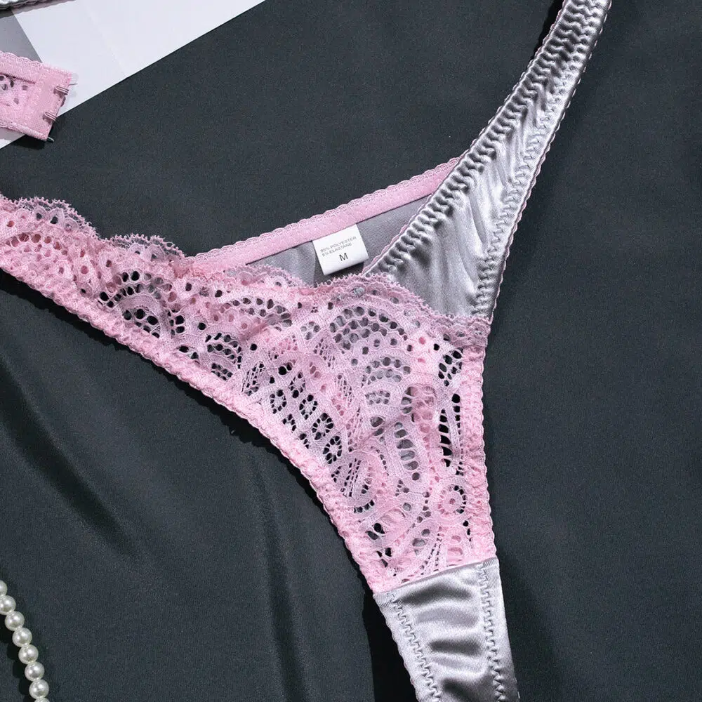 Conjunto de lencería de encaje sexy al por mayor en detalles de bragas en contraste gris plateado y rosa