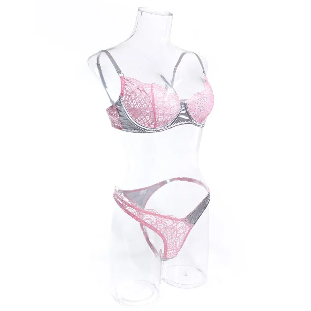 Conjunto de lencería de encaje sexy al por mayor en vista lateral en contraste gris plateado y rosa
