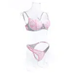 Conjunto de lencería de encaje sexy al por mayor en vista lateral en contraste gris plateado y rosa