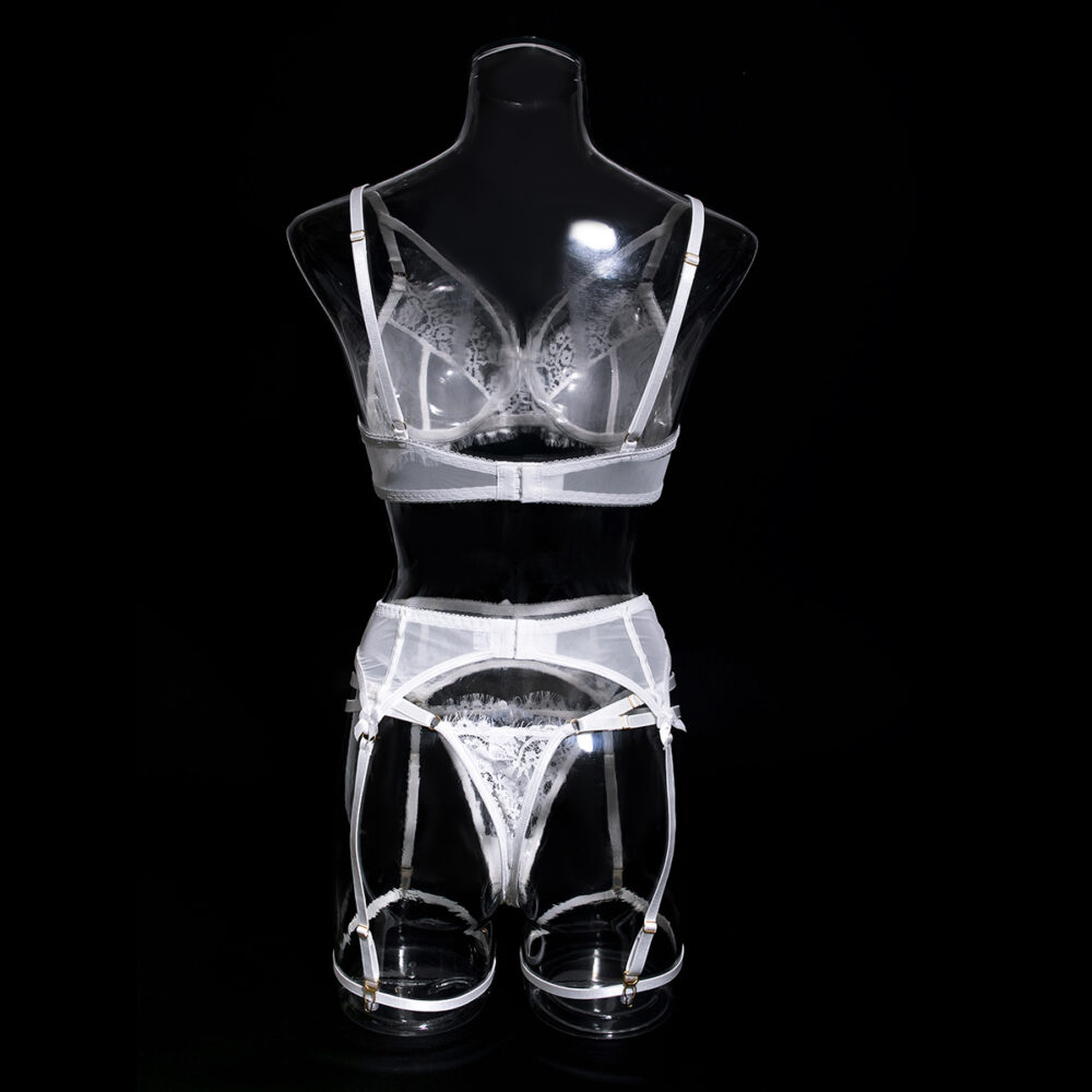 Wholesale Sexy White Bra Panty Set with Floral Lace Garter Back View