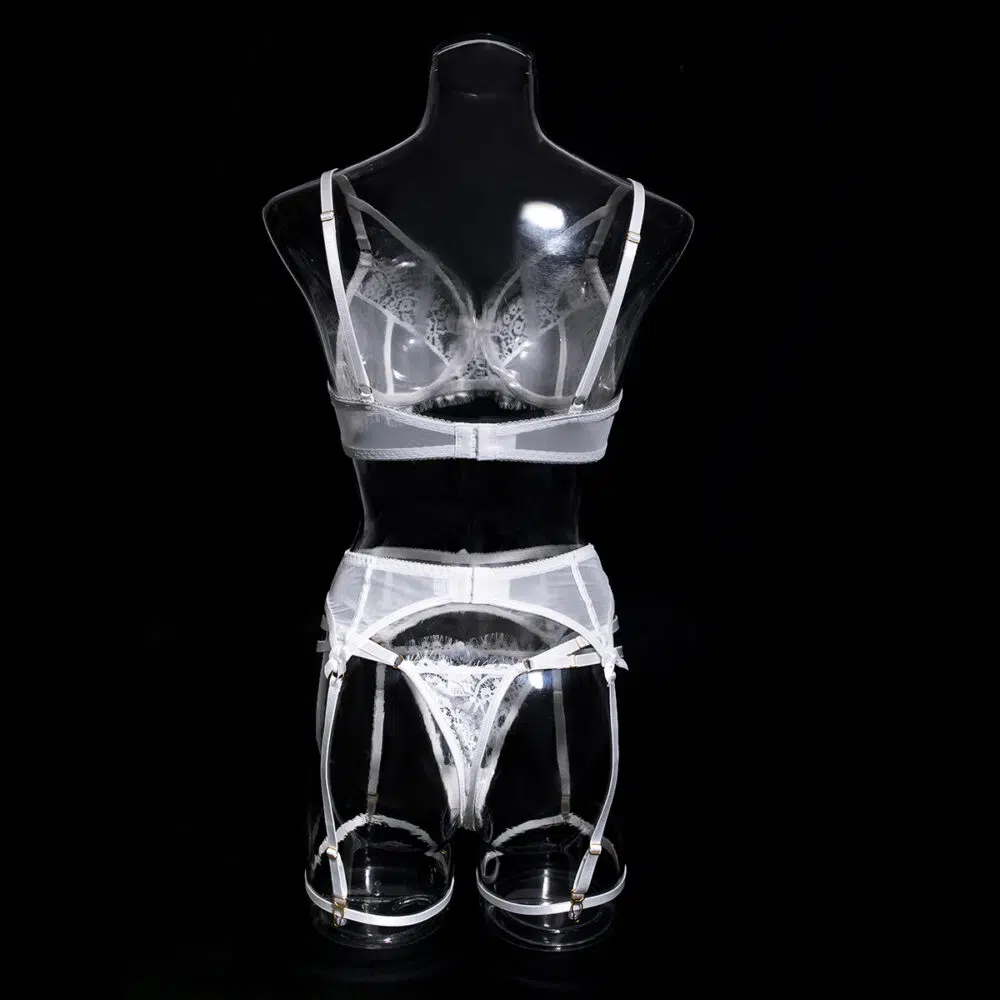 Conjunto de calcinha de sutiã branco sexy por atacado com liga de renda floral vista traseira