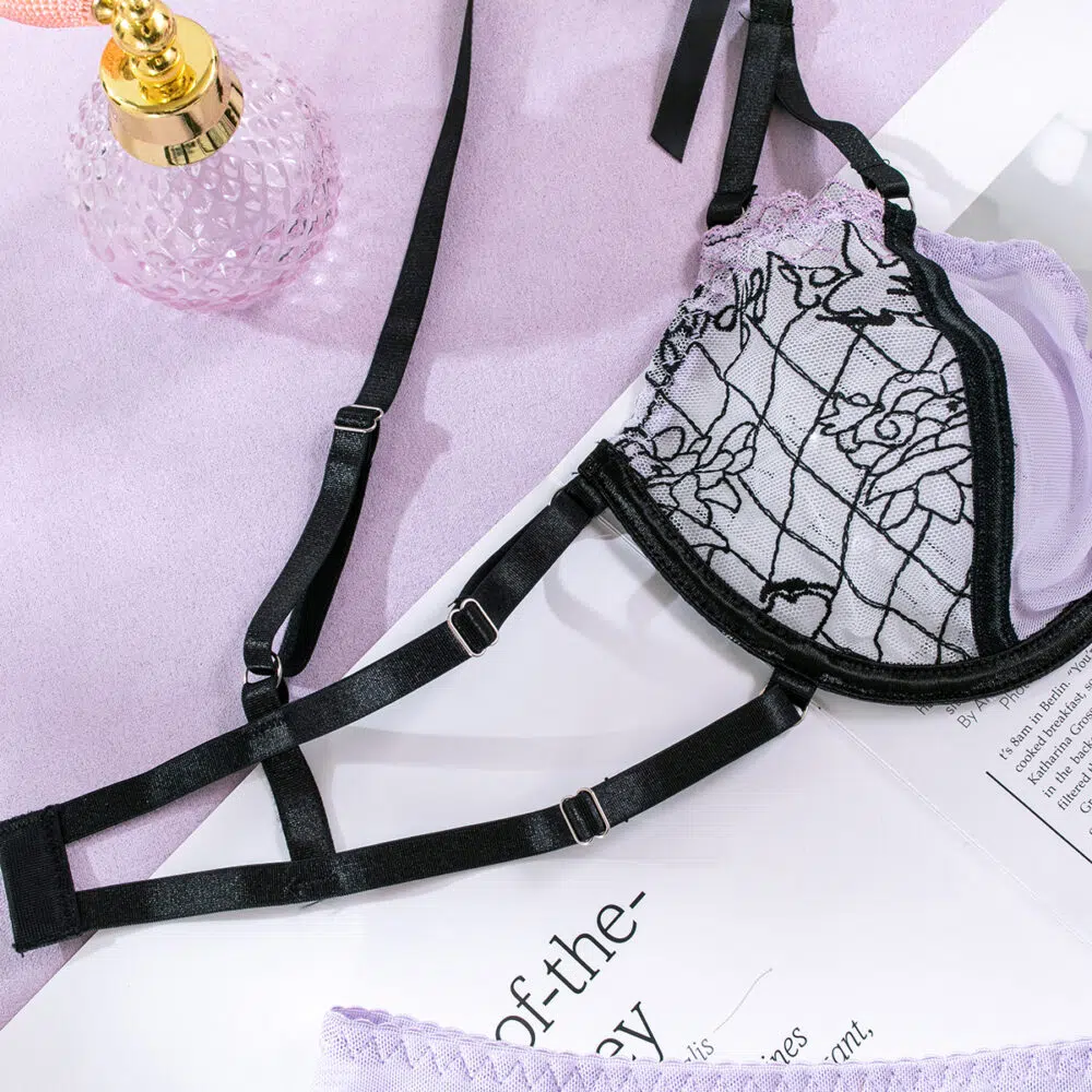Wholesale Sheer Lace Bra and Panty Set with Matching Suspender Bra Details