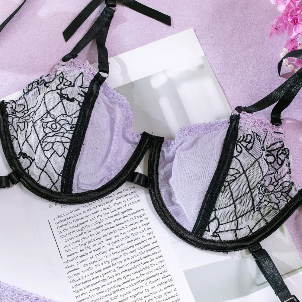 Wholesale Sheer Lace Bra and Panty Set with Matching Suspender Bra Show