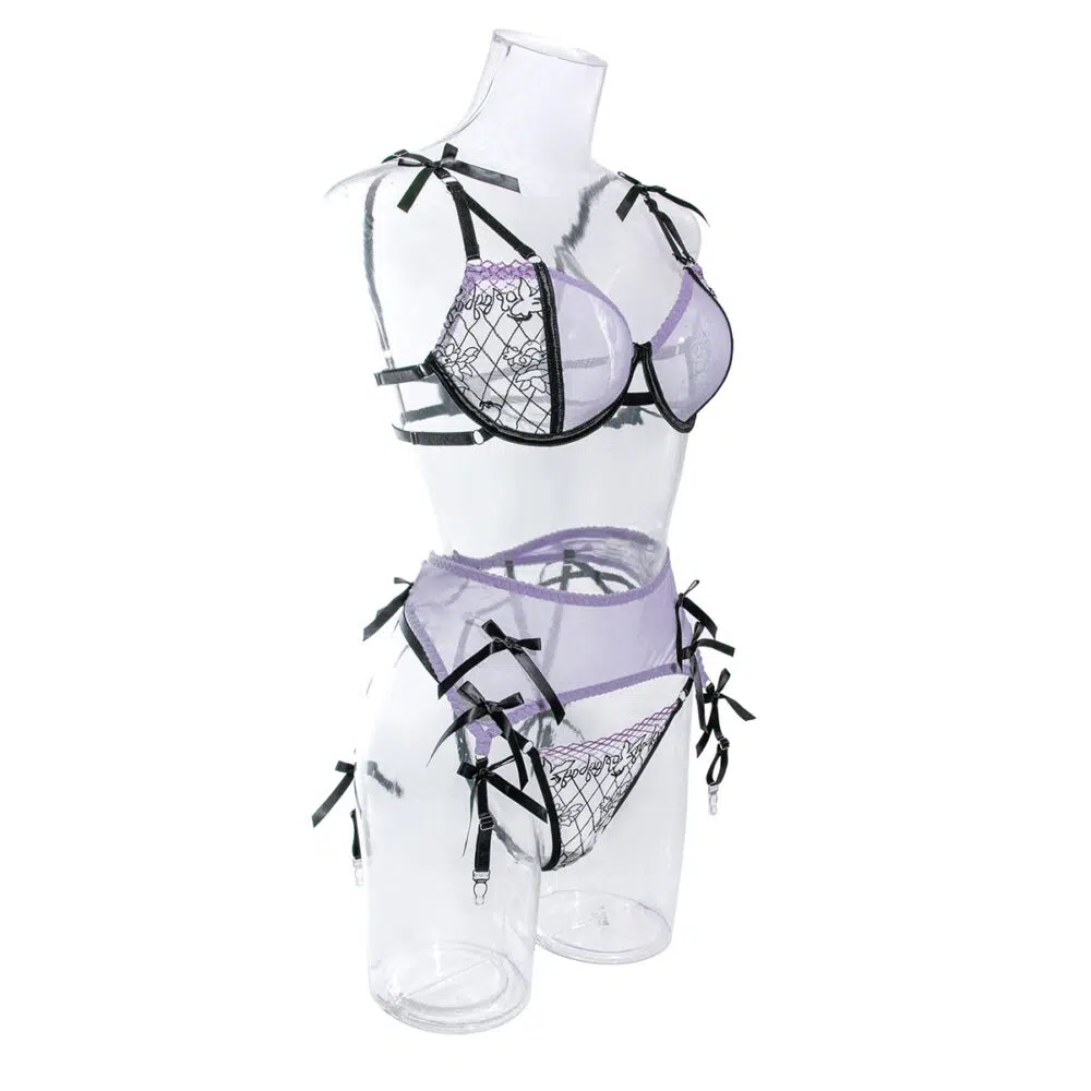 Wholesale Sheer Lace Bra and Panty Set with Matching Suspender Side Model Display