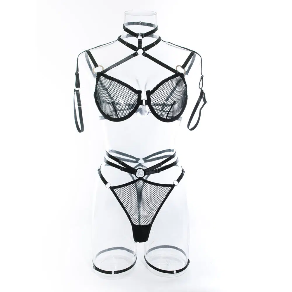 Venta al por mayor Traje Skimpy con sujetador de encaje negro y tirantes integrados: Vista frontal