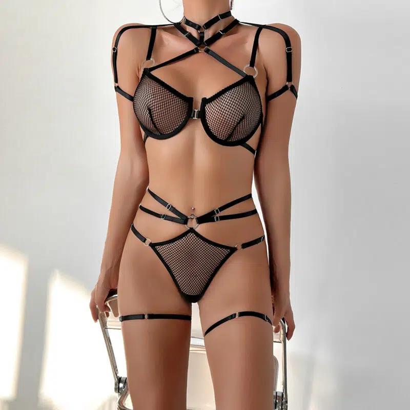 Traje con sujetador de encaje negro Skimpy al por mayor con correas integradas Modelo Show
