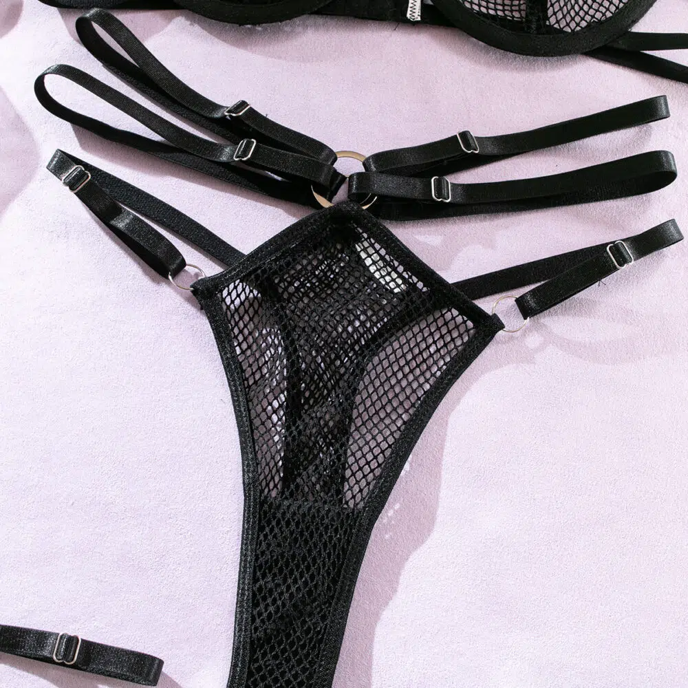 Traje de sujetador de encaje negro Skimpy al por mayor con espectáculo de panty con correas integradas