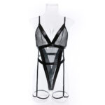 Gestreifter schwarzer Body mit rückenfreiem Tanga im Großhandel, Vorderansicht