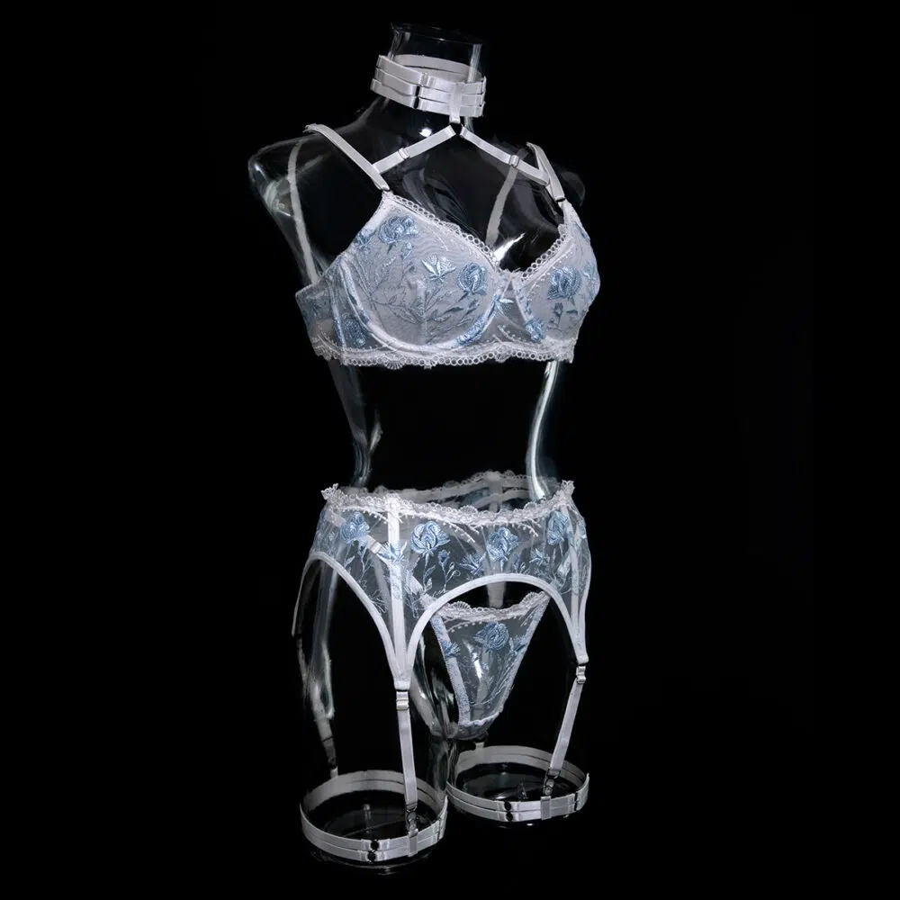 Wholesale White Bra and Knickers Set with Flower Embroidery Side Display Vit behå och trosor i grossistledet med sidodisplay för blombroderier