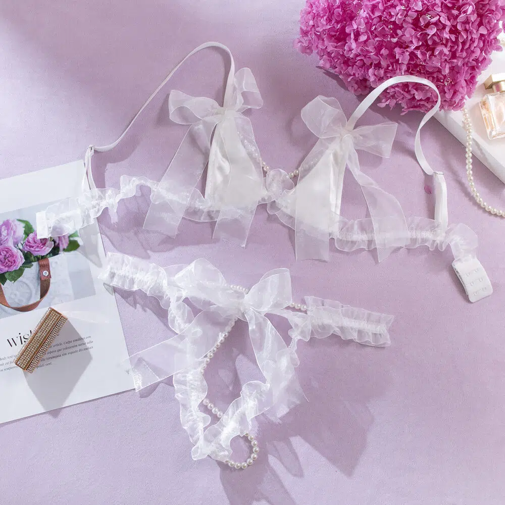 Wholesale White Pearl Bra and Underwear Set in Tulle Over View Wholesale White Pearl Bra and Underwear Set in Tulle Over View