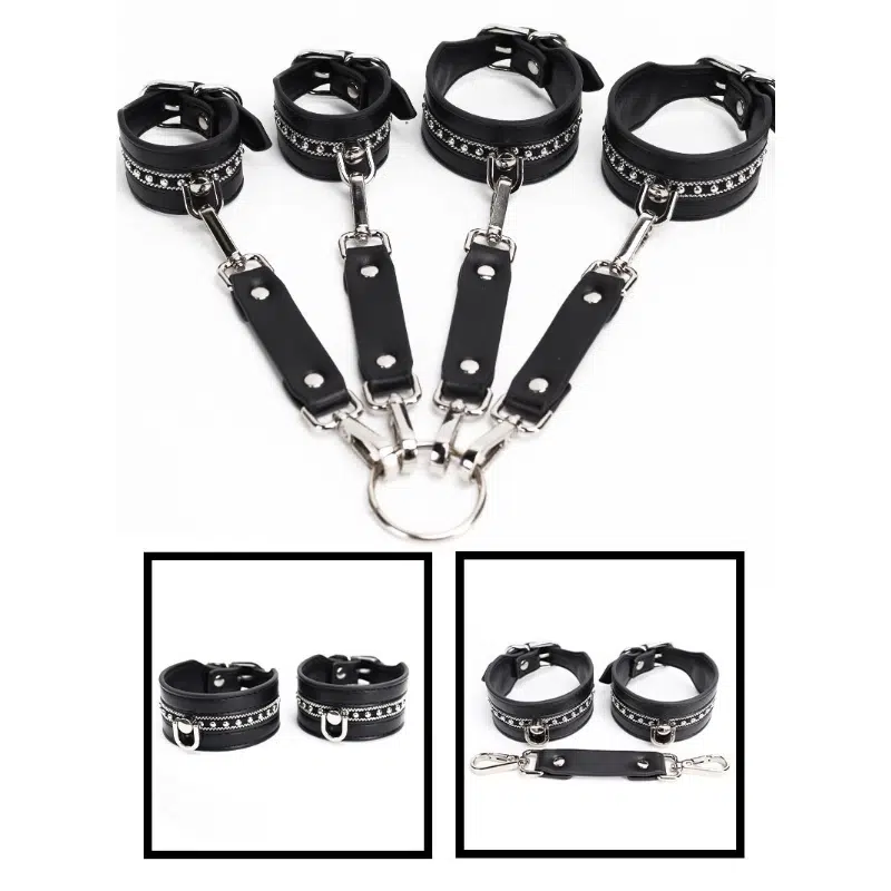 Großhandels-Bondage-Ausrüstungsset mit eingelegter Perlenkette und Manschettendetails aus PU-Leder