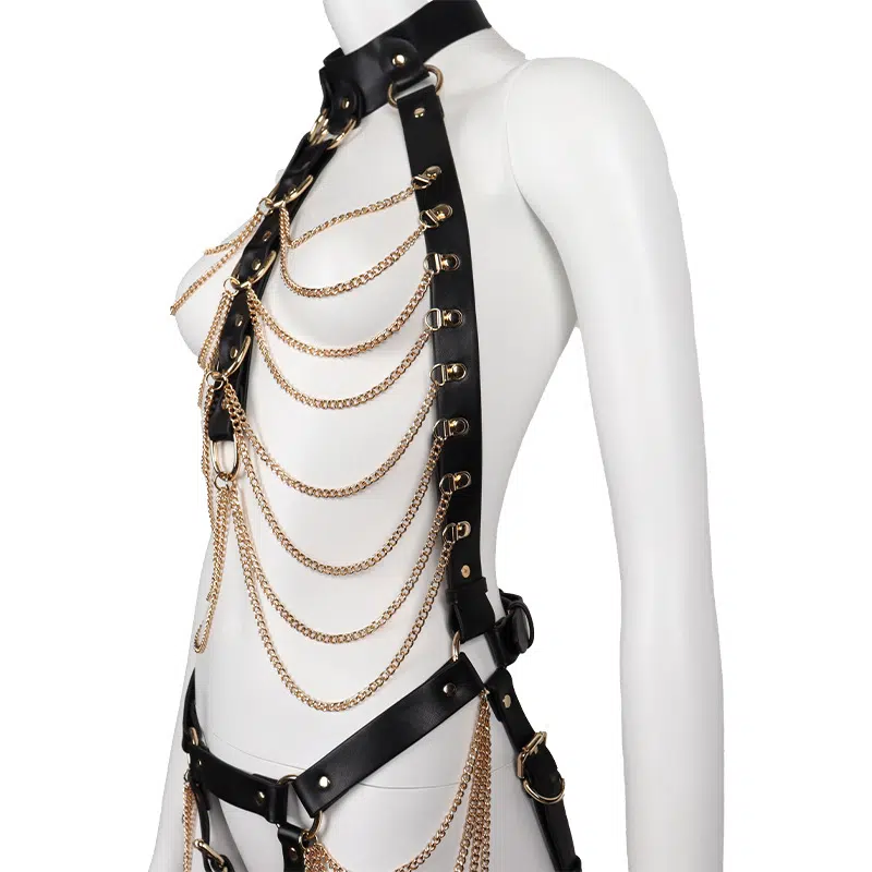 Partihandel Läder Bondage Sexig outfit i Chain Style från sidan