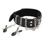 Großhandel Leder-Bondage-Halsband mit Nippelklemmen Schwarz