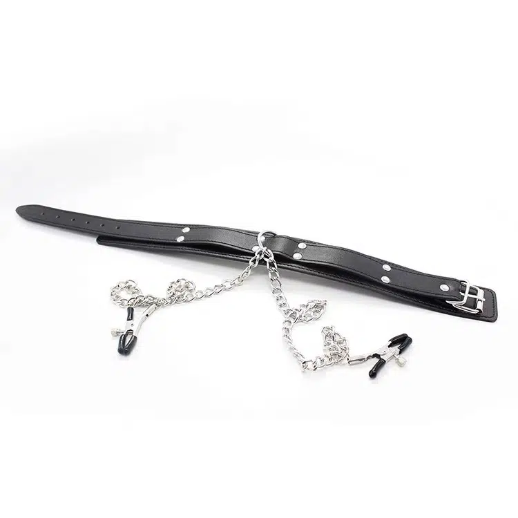 Großhandel Leder-Bondage-Halsband mit Nippelklemmen, schwarze Details anzeigen
