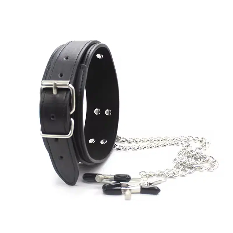 Großhandel Leder-Bondage-Halsband mit Nippelklemmen, schwarzes Display