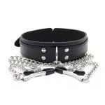 Großhandel Leder-Bondage-Halsband mit Nippelklemmen, schwarze Vorderseite