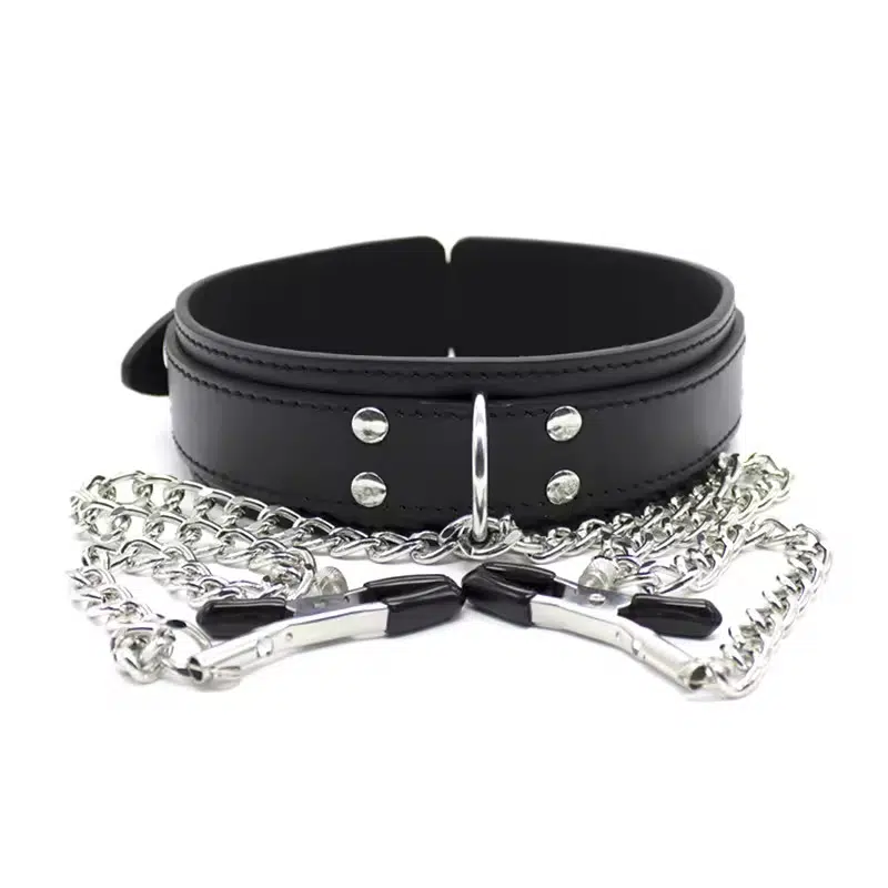 Großhandel Leder-Bondage-Halsband mit Nippelklemmen, schwarze Vorderseite