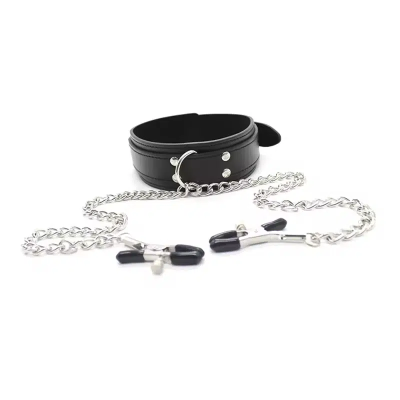 Großhandel Leder-Bondage-Halsband mit Nippelklemmen Black Show