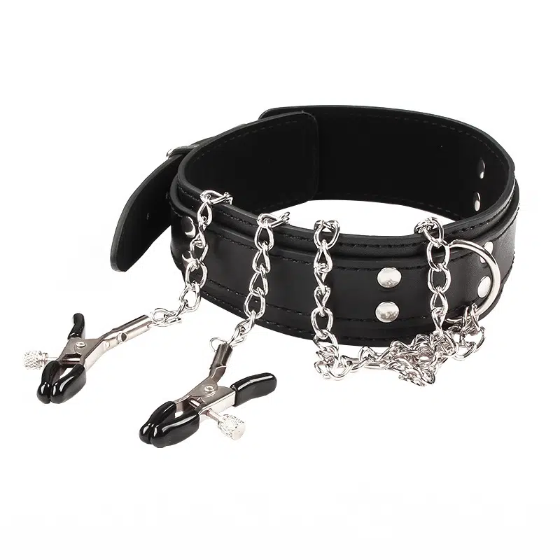 Großhandel Leder-Bondage-Halsband mit Nippelklemmen Schwarz