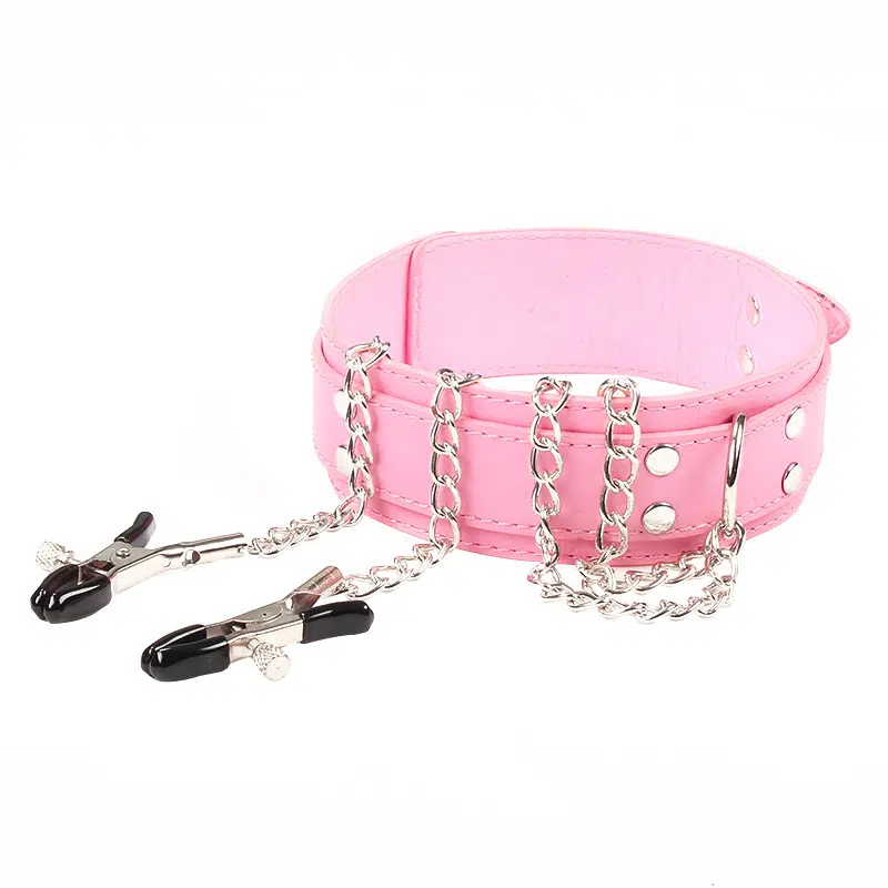 Leder-Bondage-Halsband mit Nippelklammern in Rosa im Großhandel