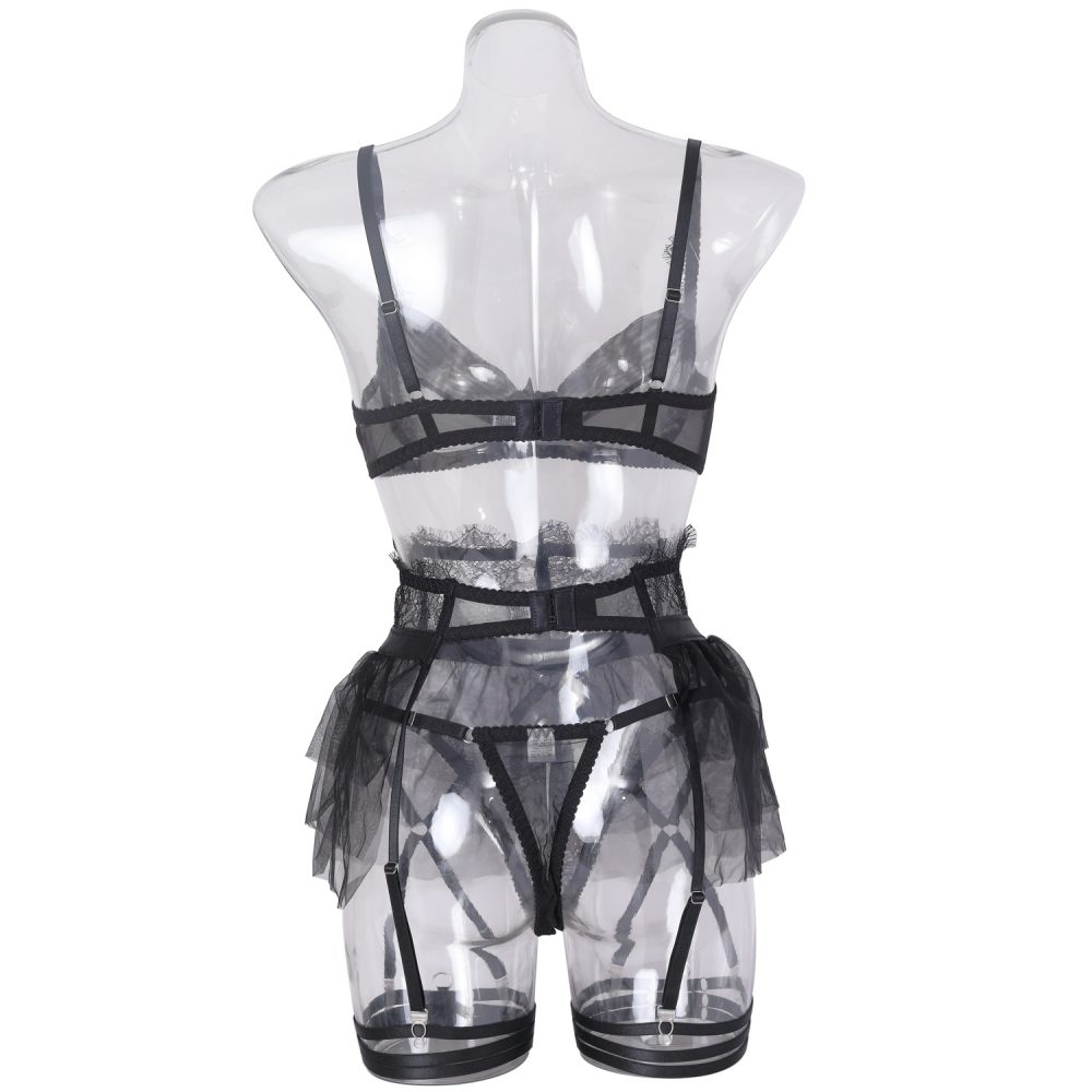 Black Delicate Shadow Sheer Bra and Panty Set Back View Черный комплект из прозрачного бюстгальтера и трусиков нежной тени, вид сзади