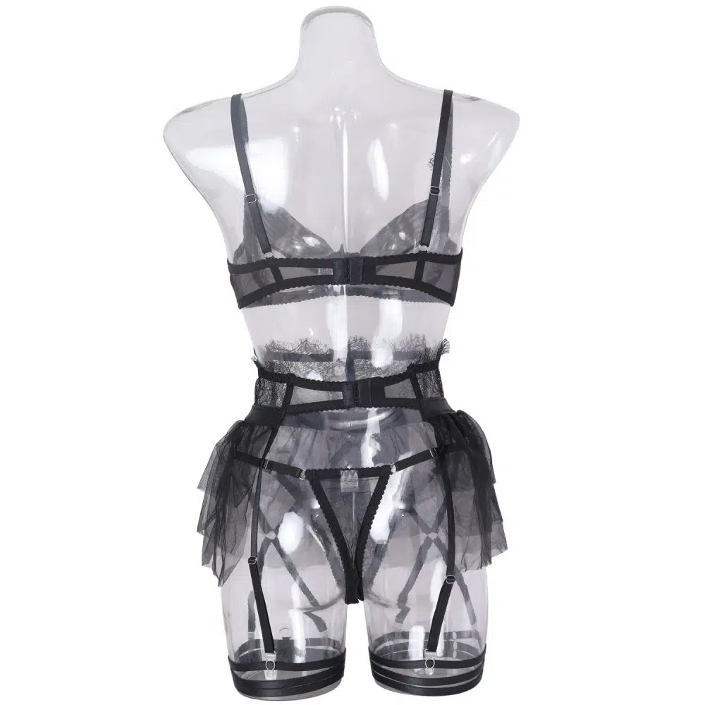 Conjunto de calcinha e sutiã preto delicado com sombra transparente, vista traseira