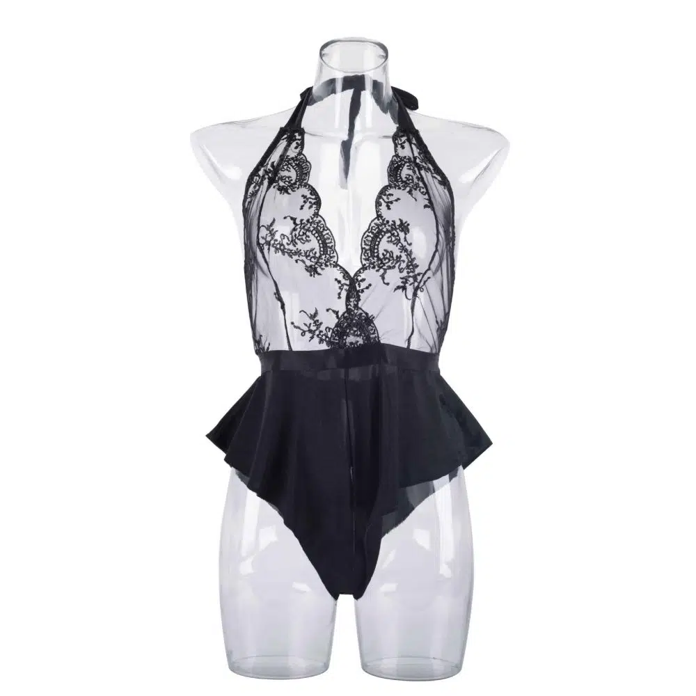 Black Enchante Halter Neck Lace Teddy Front View Sort Enchante Halter Neck Blonde Bamse forfra