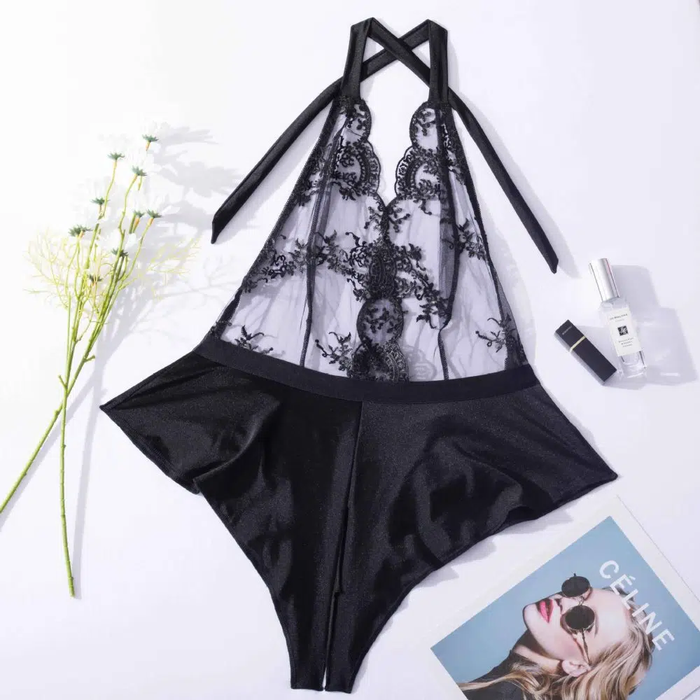 Black Enchante Halter Neck Lace Teddy Over View Sort Enchante Halter Neck Blonde Teddy Over View