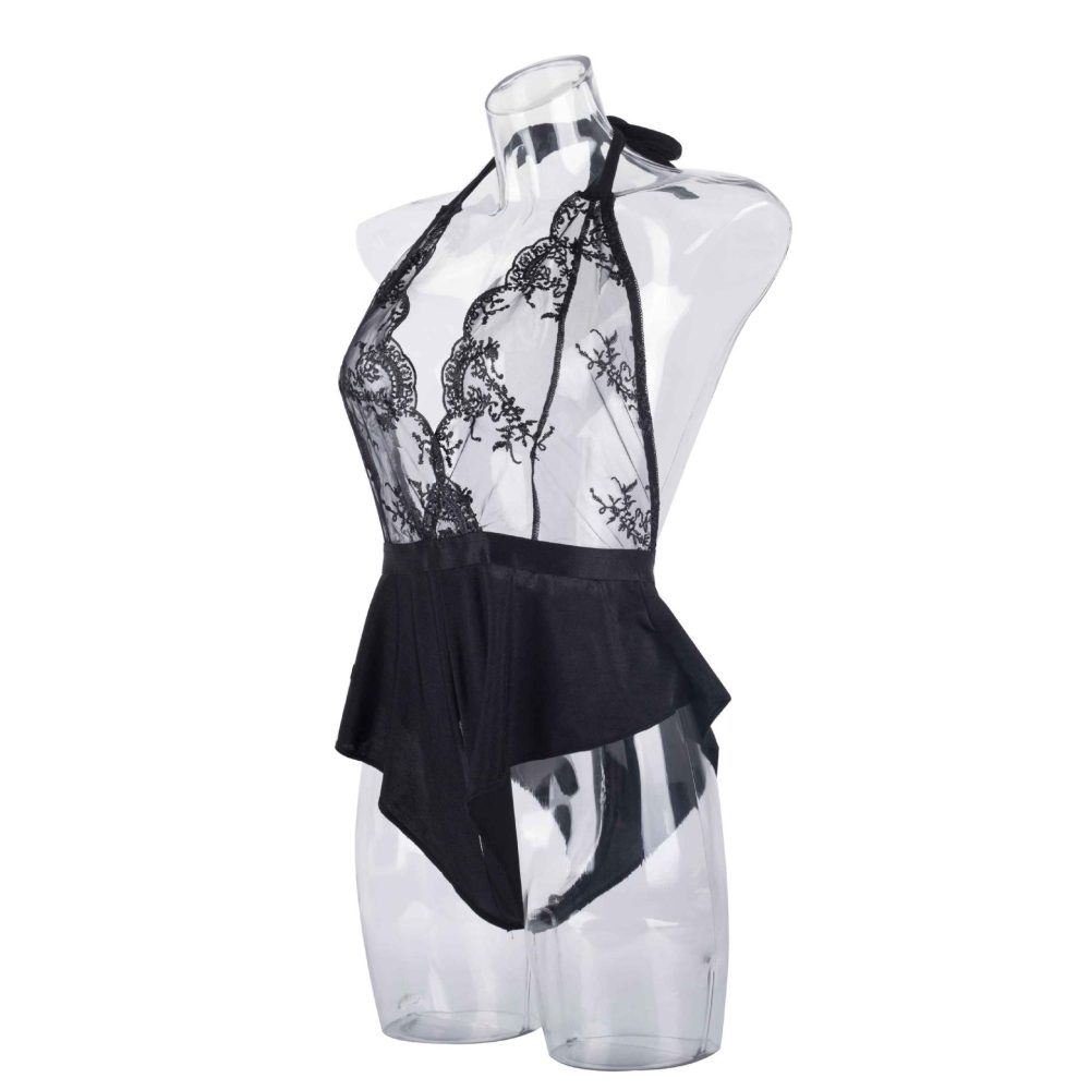 Black Enchante Halter Neck Lace Teddy Side View Черный Enchante с бретелькой на шее и кружевным плюшевым принтом, вид сбоку