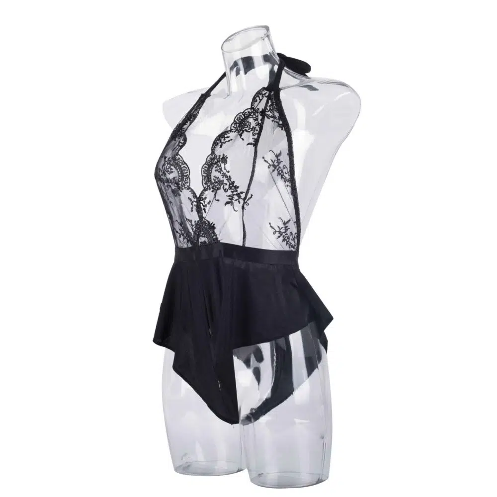 Black Enchante Halter Neck Lace Teddy Side View Sort Enchante Halter Neck Blonde Teddy Side View