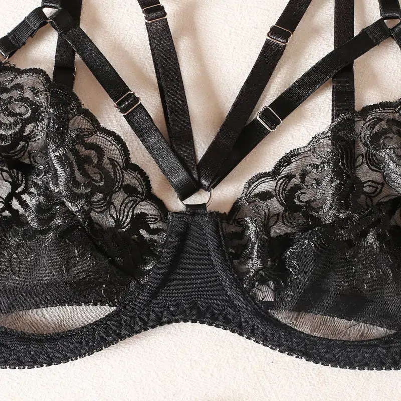 Enigmatic Feather Trimmed Lace Lingerie Set Bra Details Rätselhaftes Dessous-Set aus Spitze mit Federbesatz und BH-Details