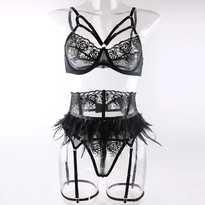 Enigmatic Feather Trimmed Lace Lingerie Set Front View Rätselhaftes Dessous-Set aus Spitze mit Federbesatz, Vorderansicht