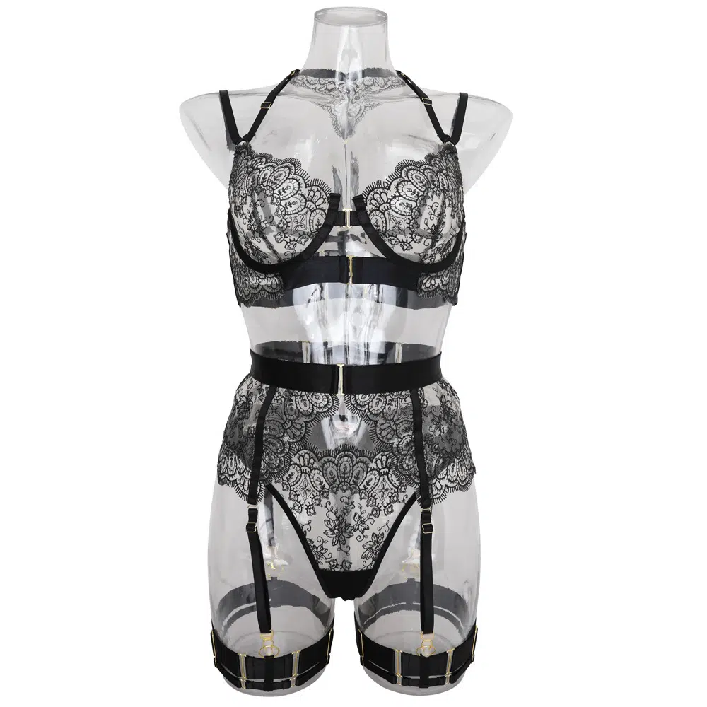 Ensemble de lingerie en dentelle et jarretelles vintage Vue de face