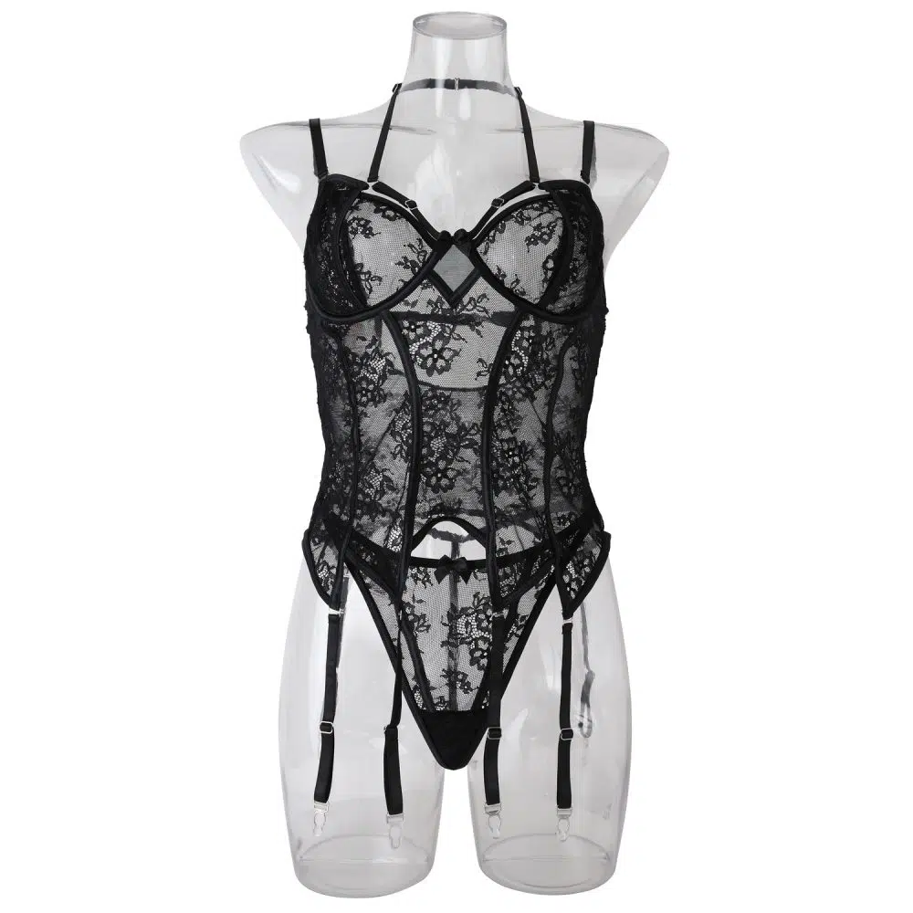 Midnight Allure Black Lace Corset Front View