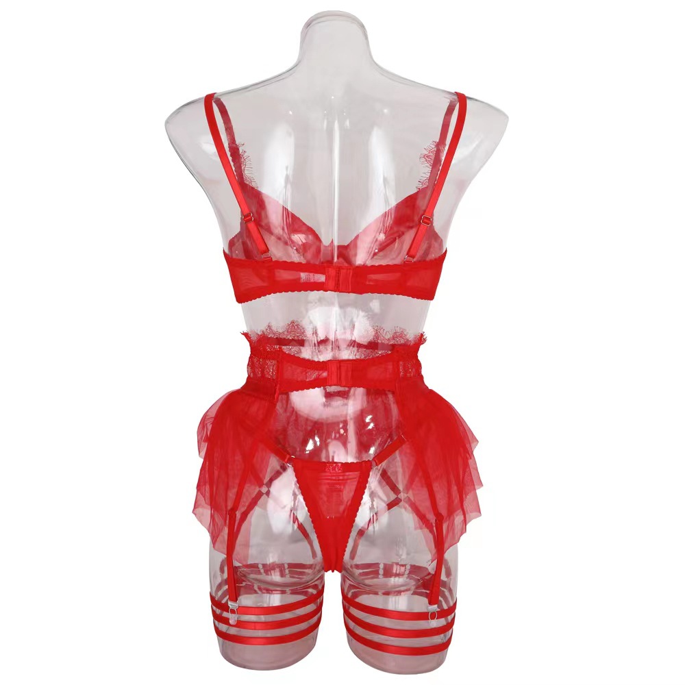 Red Delicate Shadow Sheer Bra and Panty Set Back View Красный комплект из прозрачного бюстгальтера и трусиков Delicate Shadow, вид сзади