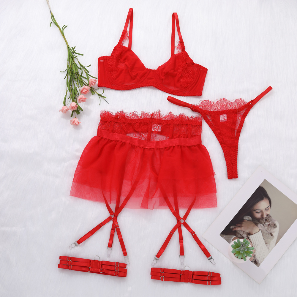 Red Delicate Shadow Sheer Bra and Panty Set Over View Красный комплект из прозрачного бюстгальтера и трусиков Delicate Shadow, вид