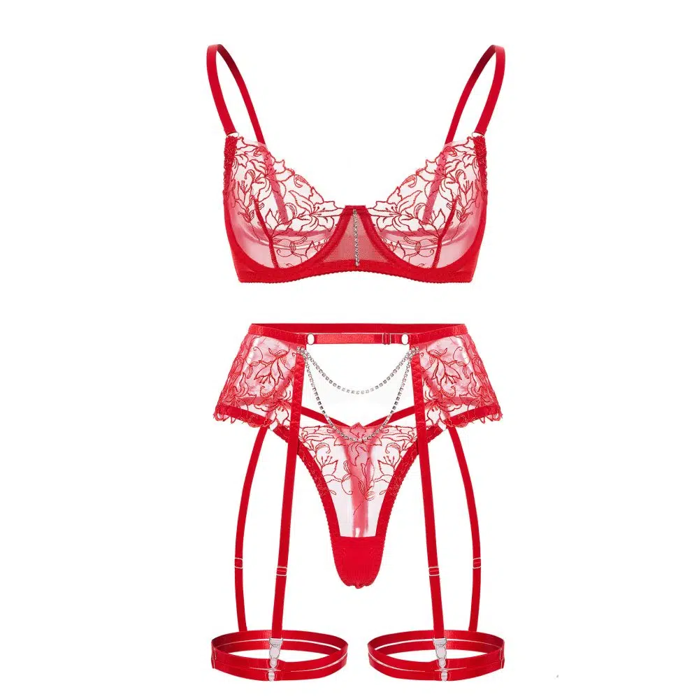 Red Sheer Lace sukkanauha Alusvaatteet Ensemble edestä