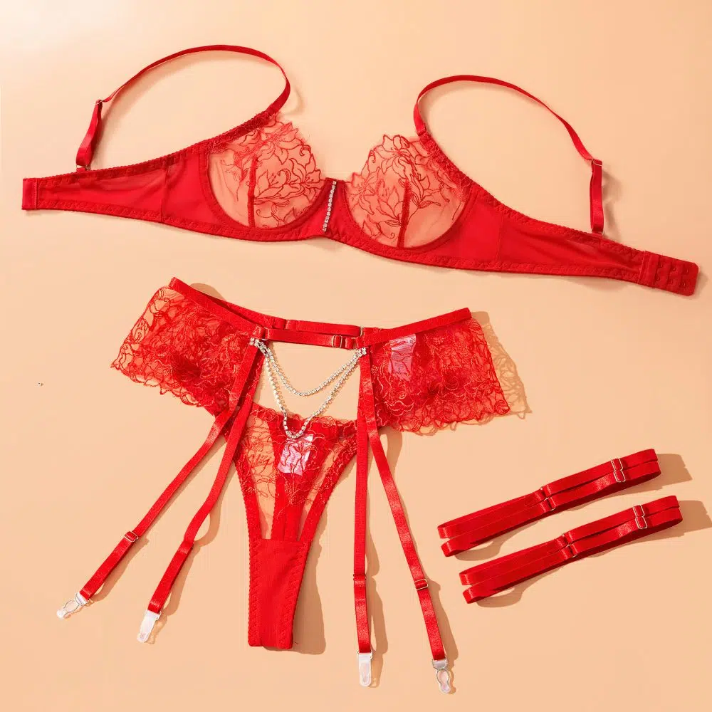 Red Sheer Lace sukkanauha alusvaatteita Ensemble Over View