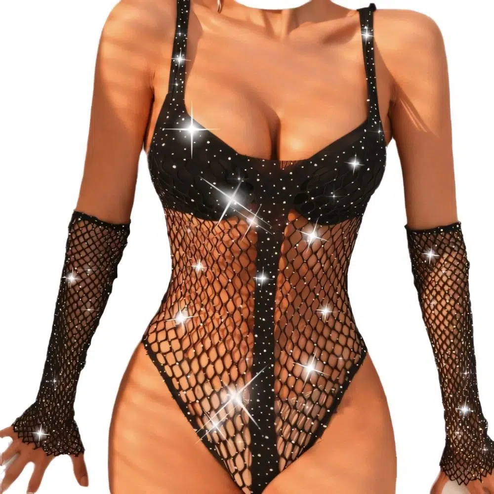 Häikäisevän tekojalokiviverkko-bodysuit SKU-kuva